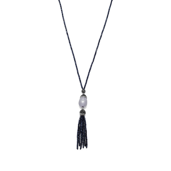 Blue Crystal Fashion Necklace with Imitation Pearl and Tassel Drop