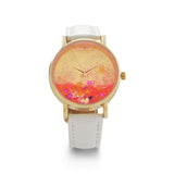 White Leather Watch with Floating Glitter and Confetti