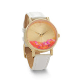 White Leather Watch with Floating Glitter and Confetti